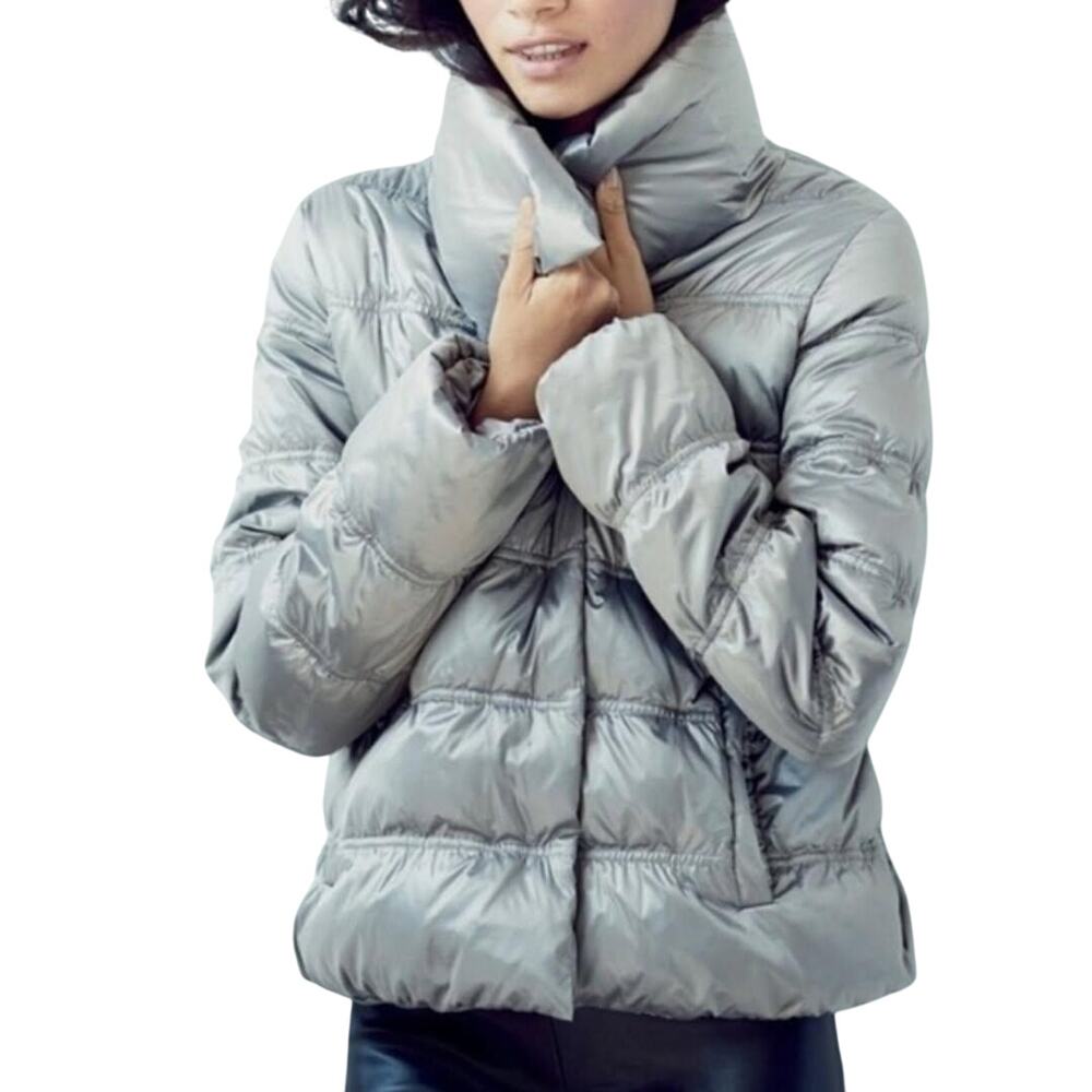 Eileen Fisher Womens Silver Funnel Neck Puffer Satin Down Jacket Size S